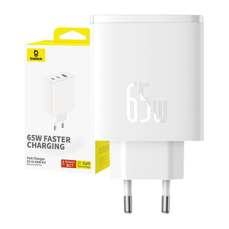 Sieninis įkroviklis "Baseus OS-Cube Pro" 2xUSB-C + USB, 65W (baltas)