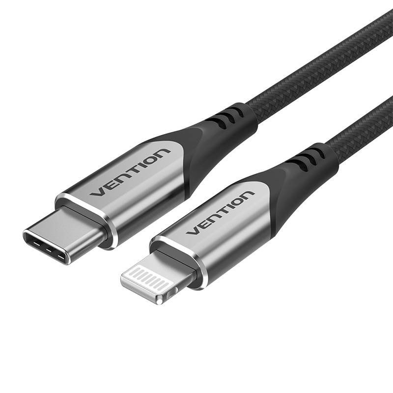 USB-C ir "Lightning" įkrovimo kabelis "Vention", PD 3A, 1,5 m (juodas)