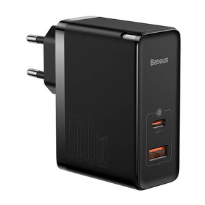 "Baseus GaN USB-C + USB sieninis įkroviklis, 100 W + 1 m kabelis (juodas)