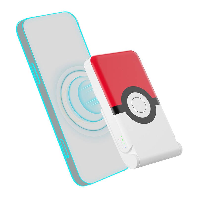 Magnetinis powerbankas OTL 5000 mAh, USB-C 15W, Pokemon Pokeball su stovu (raudonai baltas)