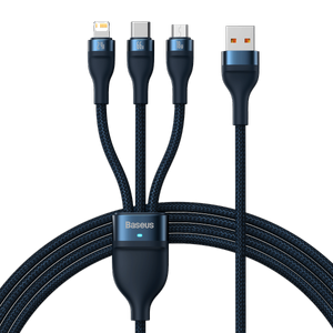 3in1 USB kabelis Baseus USB 3in1 Baseus Flash serijos, USB-C + Micro + Lightning 66W, 1,2 m (mėlynas)