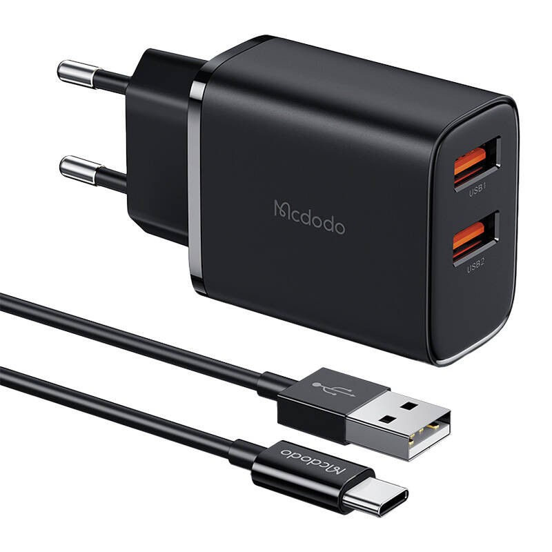"Mcdodo CH-5072 USB-A-2", 12 W tinklo įkroviklis + USB-A į USB-C kabelis (juodas)