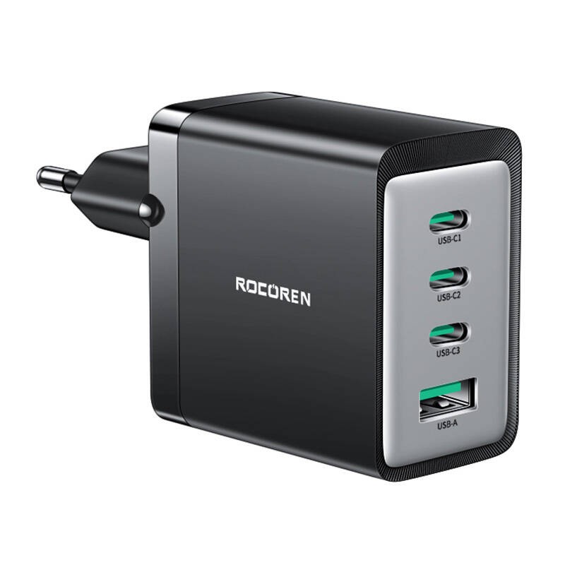 Sieninis įkroviklis GaN Rocoren 3x USB-C, 1x USB, 67W (juodas)