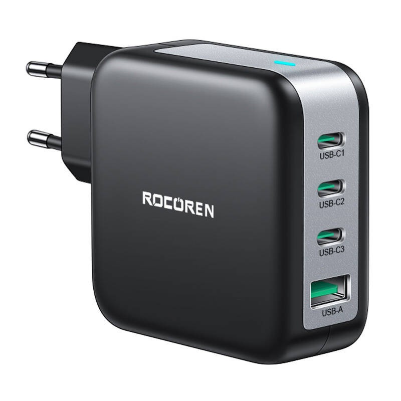 Sieninis įkroviklis GaN Rocoren 3x USB-C, 1x USB, Power Delivery 3.0, 100 W (juodas)