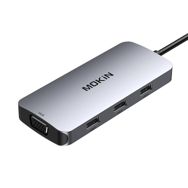 MOKiN 7in1 adapterio koncentratorius USB-C į 2x HDMI + 3x USB 2.0 + DP + VGA (sidabrinis)