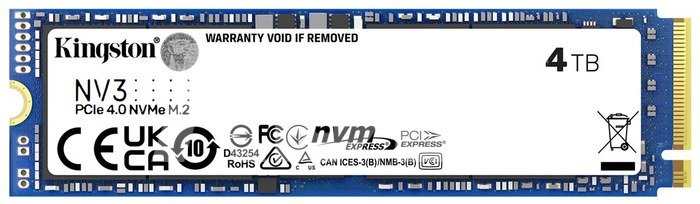 Kingston SSD | NV3 | 4000 GB | SSD form factor M.2 2280 | Solid-state drive interface PCIe 4.0 x4 NVMe | Read speed 6000 MB/s | Write speed 5000 MB/s