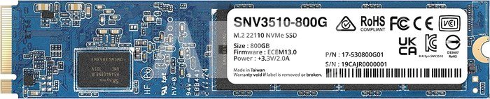 Synology 	SNV3510-800G 800 GB, SSD form factor M.2 22110, SSD interface NVMe PCIe 3.0 x4, Write speed 1000 MB/s, Read speed 3100 MB/s