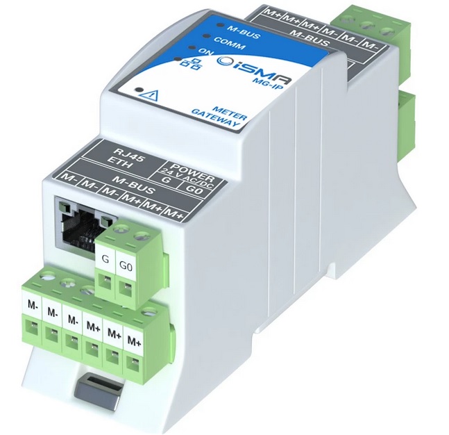 Duomenų surinkimo sąsaja M-bus+ Modbus TCP/IP ir M-bus+ Modbus RS485, 1x ETH, 1x M-Bus, 1x RS485. 24 V AC/DC.