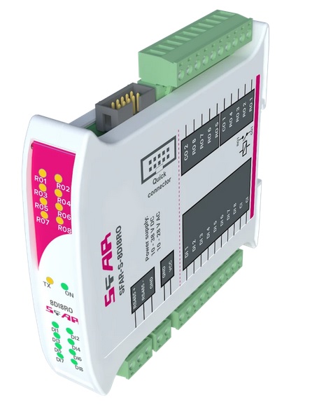 SFAR pramoninis išplėtimo modulis, Modbus RTU/ASCII - 8 DI, 8 DO (rėlės) (NO, max. 3 A @ 30 V DC, 3 A @ 230 V AC). 10-38 V DC; 10-28 V AC