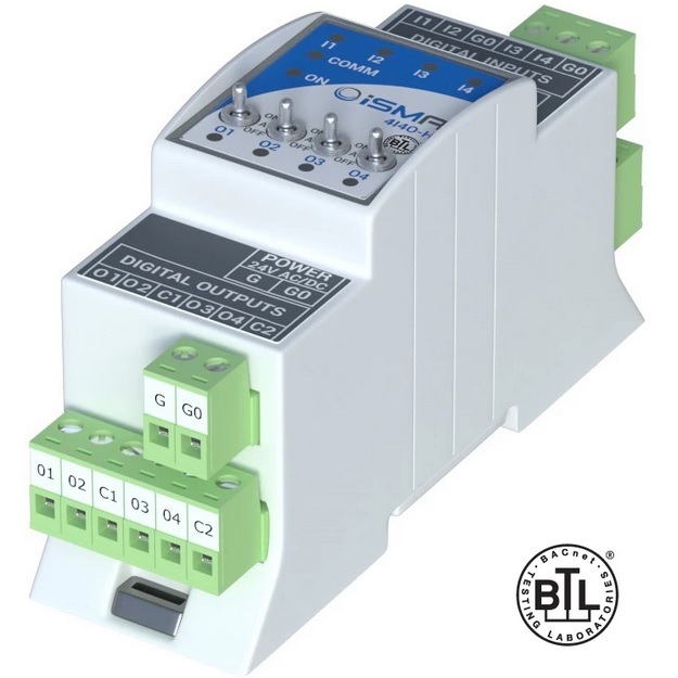 Išplėtimo modulis iSMA-B-4I4O-H, 4 skaitmeniniai įėjimai, 4 skaitmeniniai išėjimai su rankiniu valdymu, Modbus RTU/ASCII, BACnet MSTP