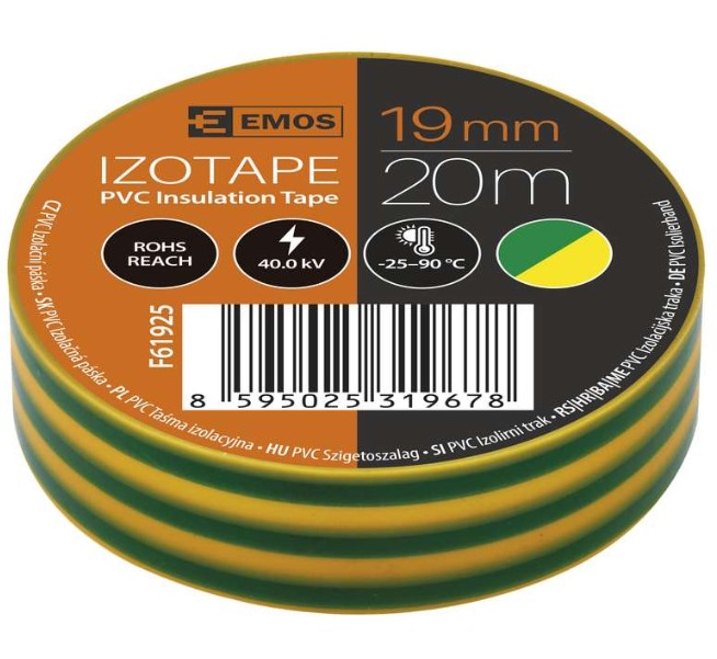Izoliacinė juosta PVC 19mmx013mmx20m geltona-žalia F61925, EMOS