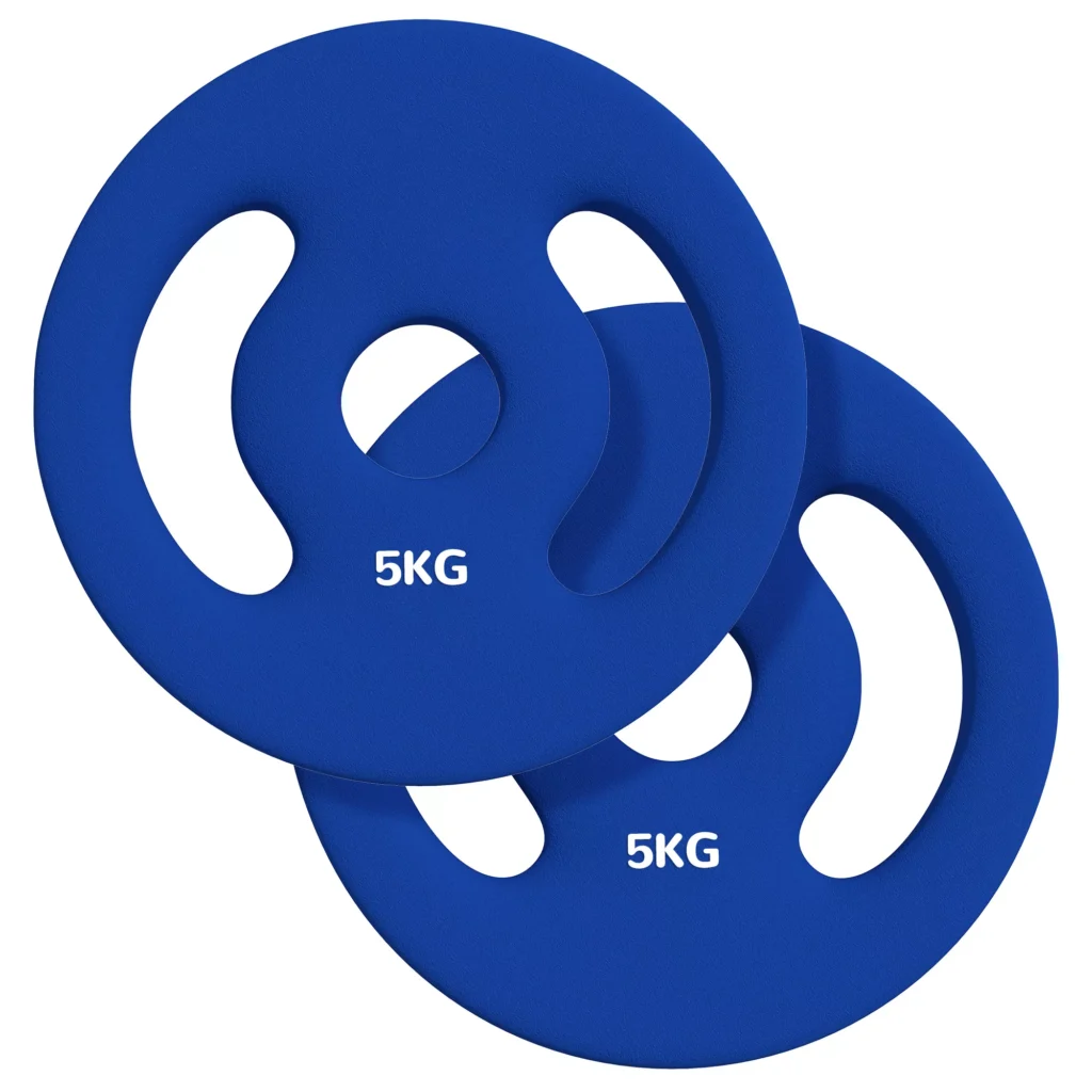 2 svarmenų rinkinys, 2 x 5 kg svarmenys, svarmenų plokštelių rinkinys,  2,5 cm strypui, Ø 30 mm skylė, mėlyna