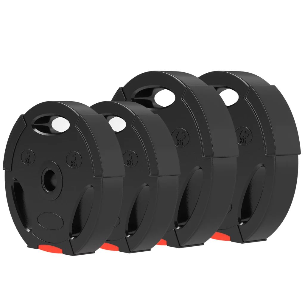 4 hantelių svarmenų rinkinys, 2 x 5 kg/7,5 kg svarmenys, svarmenų plokštelių rinkinys, 2,5 cm hantelio strypui, Ø 30 mm skylė, juodos spalvos