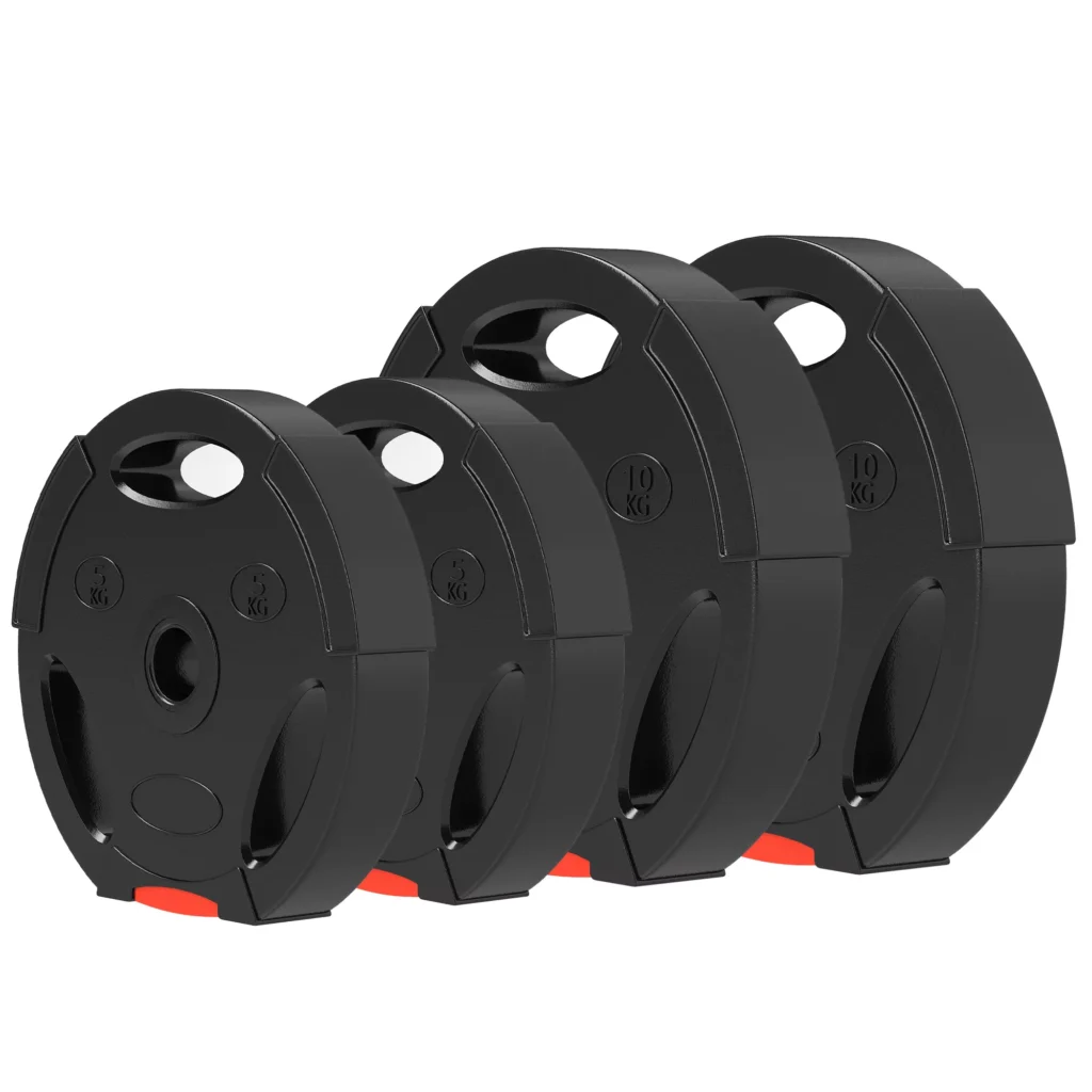 4 hantelių svarmenų rinkinys, 2 x 5 kg/10 kg, svarmenų plokštelių rinkinys, 2,5 cm hantelio strypui, Ø 30 mm skylė, juoda