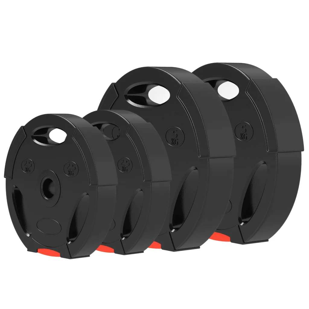4 hantelių svarmenų rinkinys, 2 x 2,5 kg/5 kg svarmenys, plokštelių rinkinys, 2,5 cm strypui, Ø 25/30 mm skylė, juodos spalvos