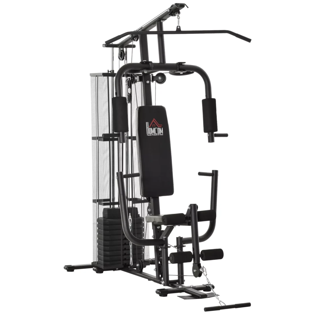 "HOMCOM Gym Multigym" treniruoklių stotelė su svarmenimis, kojų pritraukimu ir kojų lenkimu, metalas ir PU dirbtinė oda, juoda