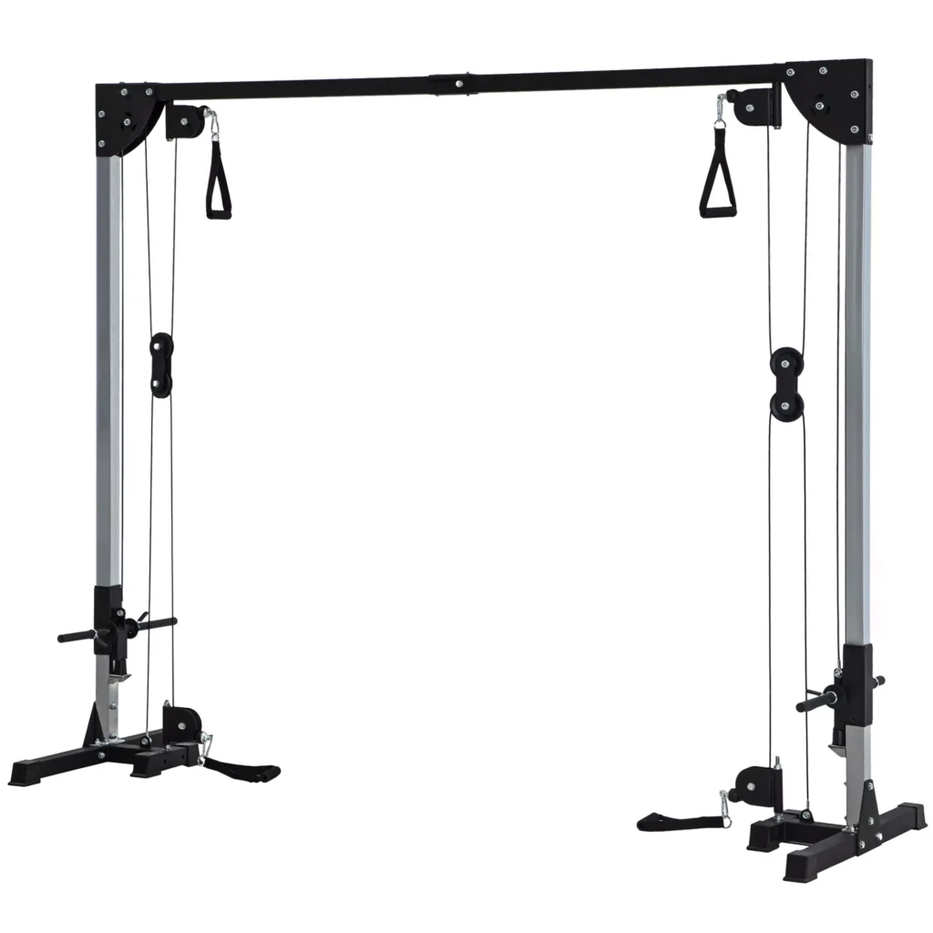 SPORTNOW Kabelinė stotis namams, svoriai iki 50kg apkrovos kiekvienoje pusėje, kabelinė stotis su rankenomis, pastatoma kabelinė bokšto stotis pratimams namų sporto salėje 245 x 207 cm
