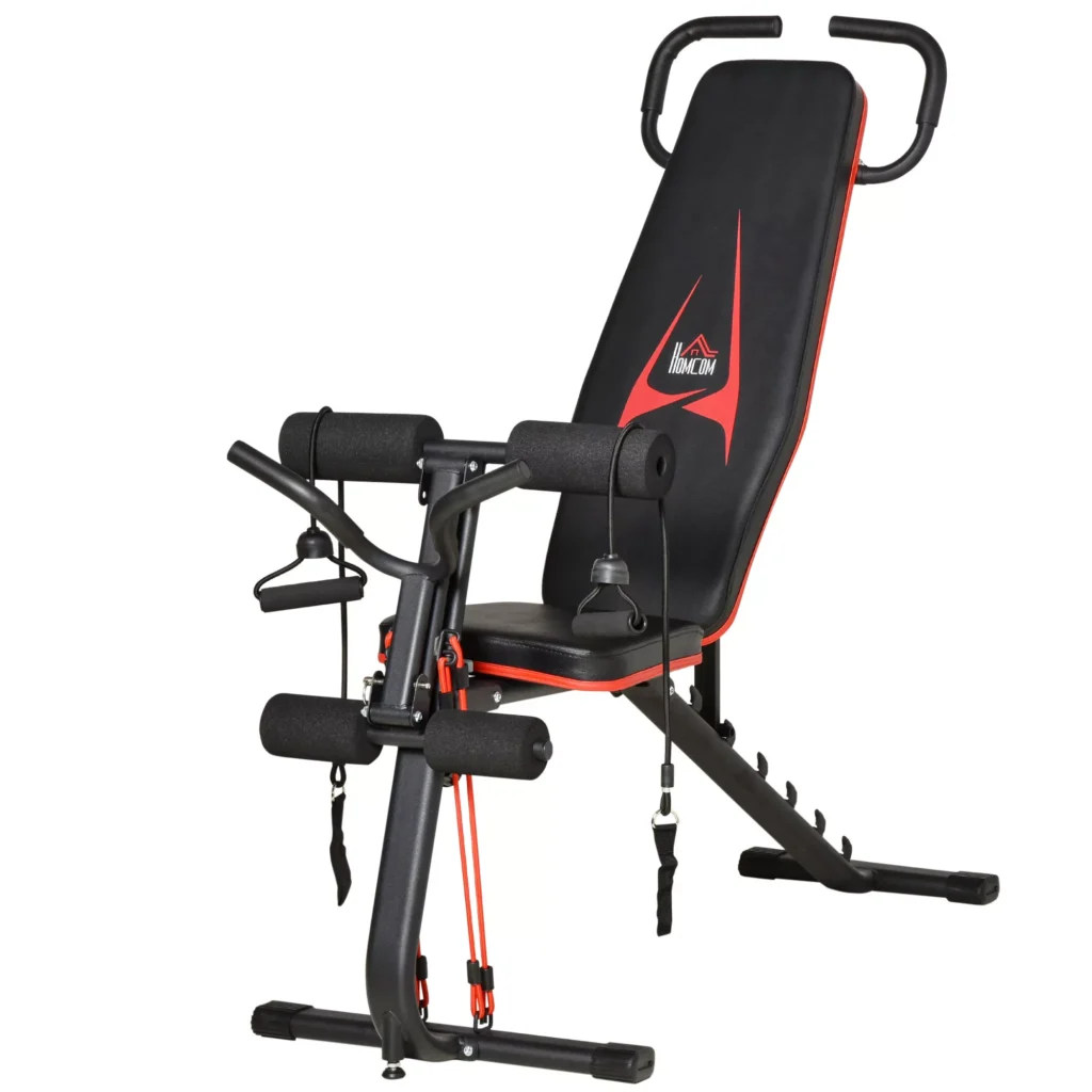 Daugiafunkcinis treniruočių suoliukas su elastine virve iki 150 kg, 145 x 49 x 57-127 cm