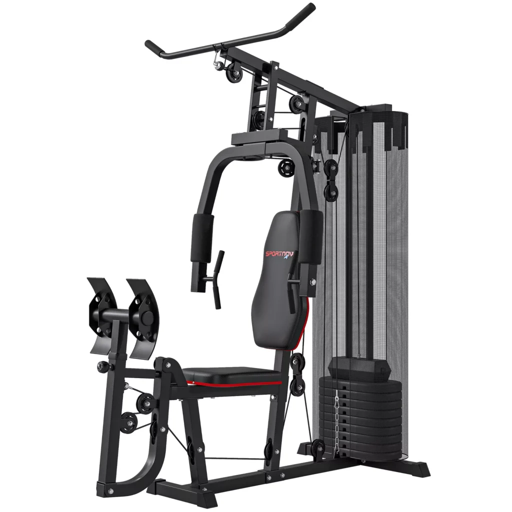 Daugiafunkcinis treniruoklis su lat pull-down ir butterfly baru, kojų presas, su 45 kg