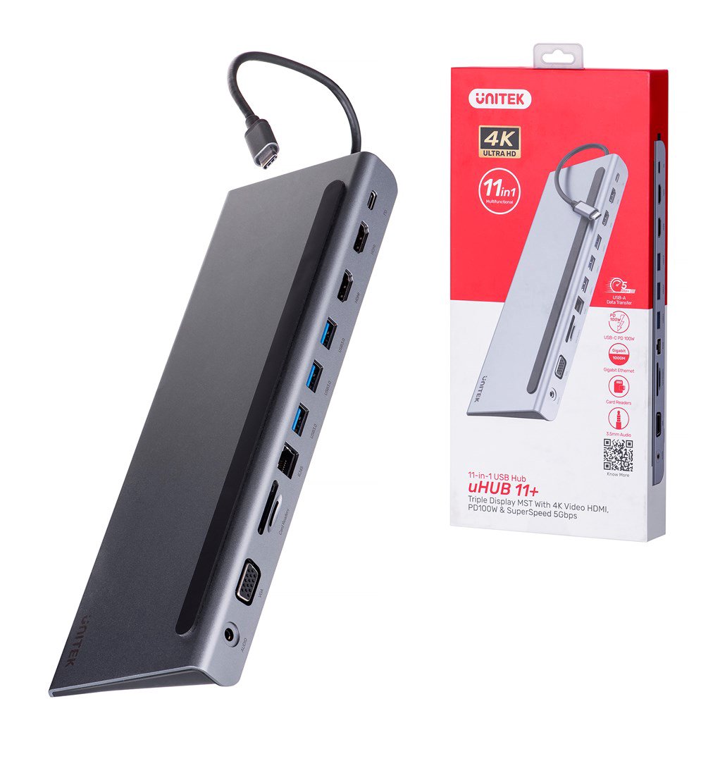 UNITEK HUB USB-C 11IN1, USB-C, RJ45, MST, 100W PD