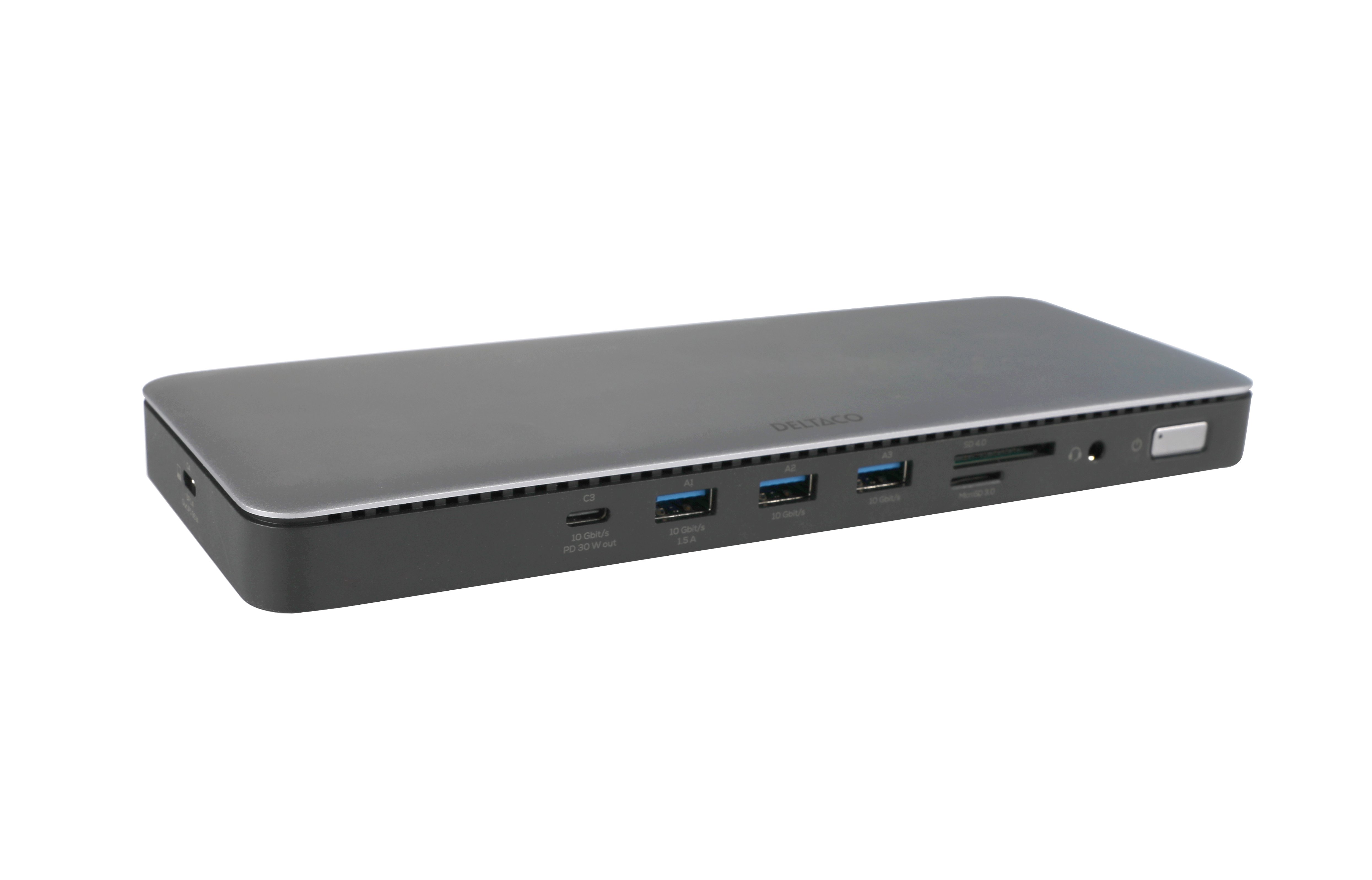 15-in-1 USB-C jungčių stotelė DELTACO, palaiko 3 ekranus, 2x HDMI, DP, USB-C, USB-A, RJ45