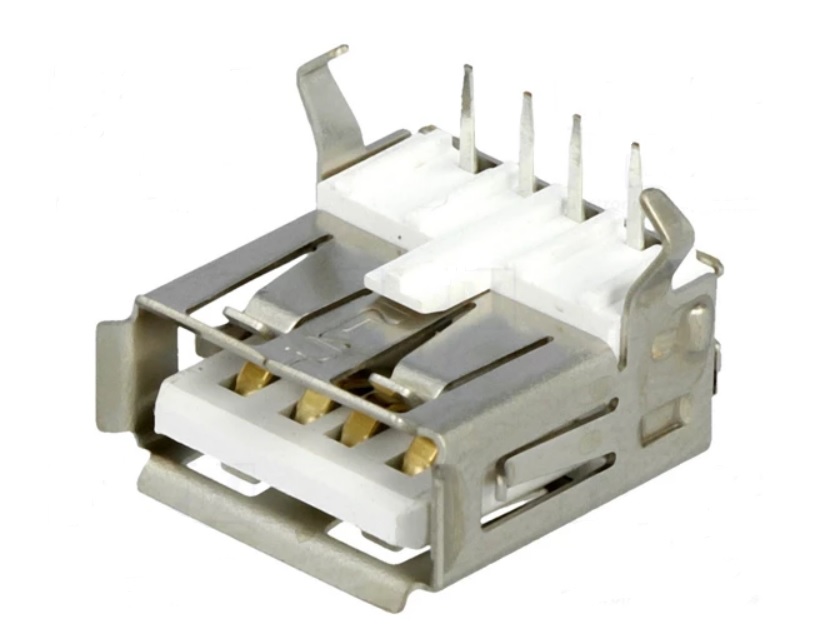 Lizdas USB A tipo lituojamas į plokštę 90° kampu