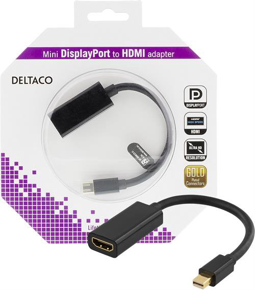 Adapteris DELTACO mini DisplayPort-HDMI, 4K, 0.2m, Ultra HD - 3840x2160 i 30Hz, juodas / DP-HDMI25-K