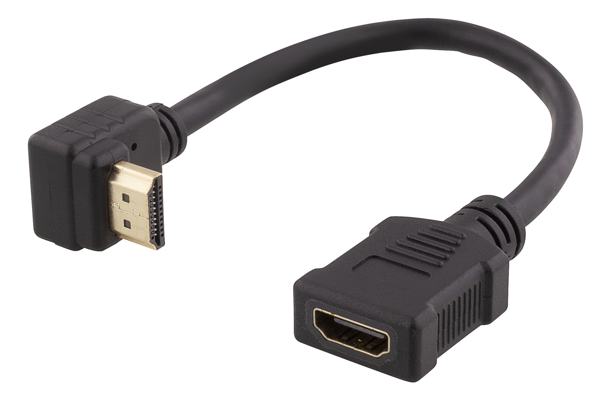 DELTACO lankstus HDMI adapteris, 0,2 m, pakreiptas, HDMI M / F, UHD, juodasLankstus HDMI adapteris