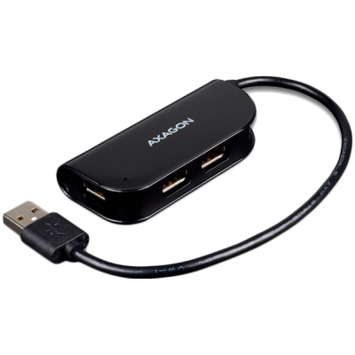 Handy four-port USB 2.0 hub with a permanently connected USB cable. Black