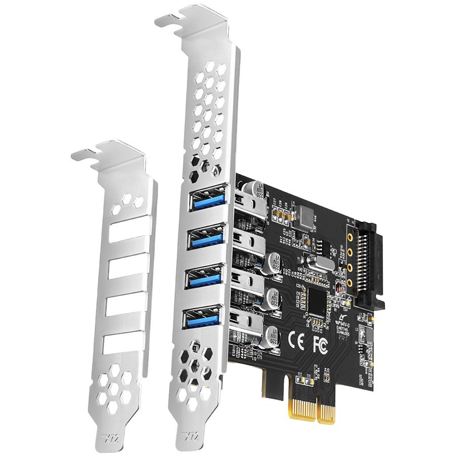 Axagon PCI-Express card with four external USB 3.2 Gen1 ports with dual power. Renesas chipset