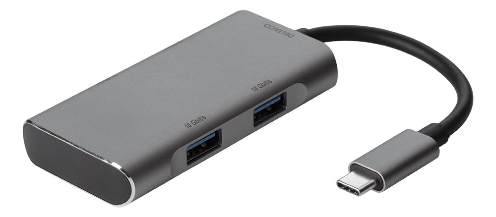 USB šakotuvas DELTACO USB-C ha - 2x USB-C ho ir 2x USB-A ho, 10 Gb / s, pilkas / USBC-HUB201