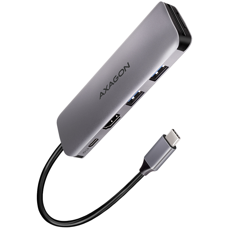 Multiport USB 3.2 Gen 1 hub. HDMI, card reader and Power Delivery. 20 cm USB-C cable.