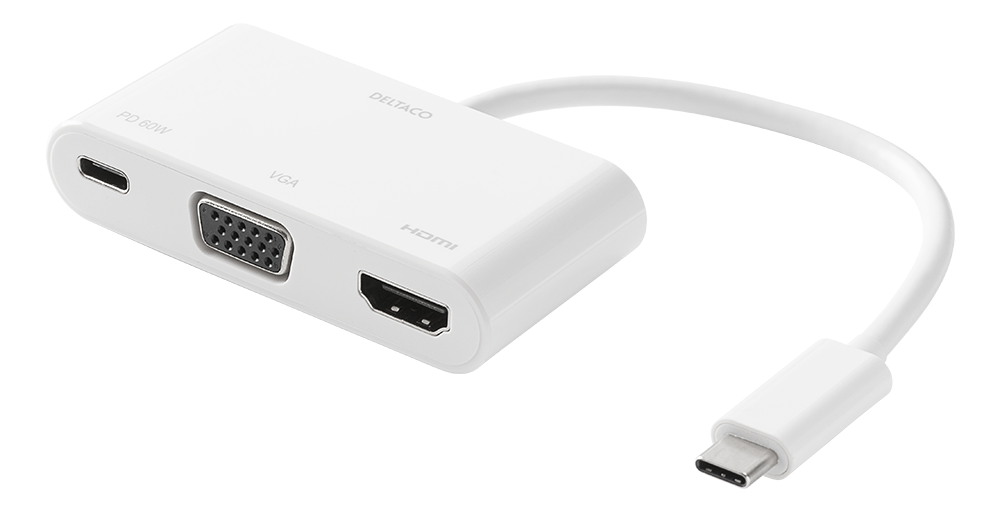 Adapteris DELTACO USB-C į HDMI / VGA / USB-C, energijos perdavimas 2.0, 3840x2160 30 Hz, balta