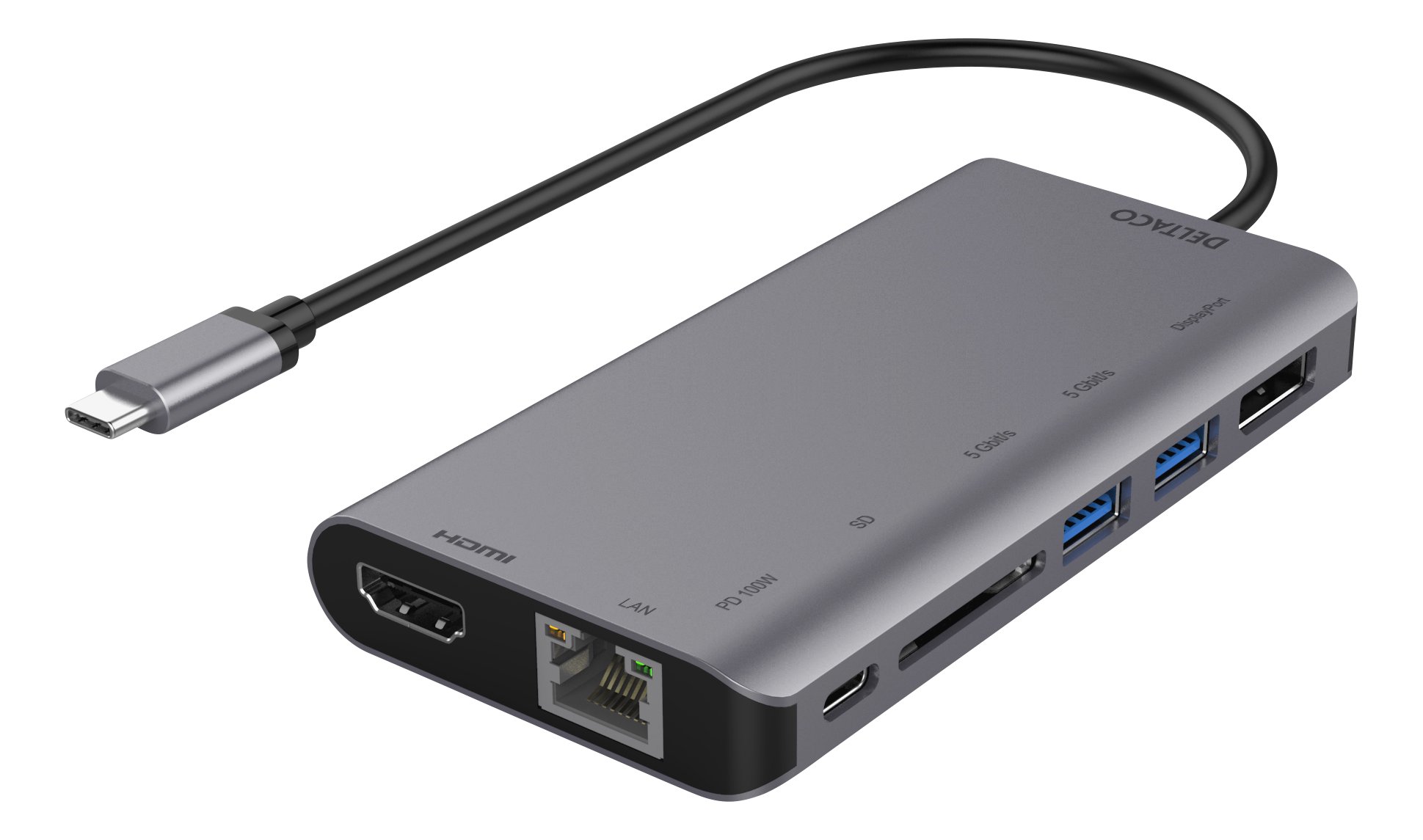 Adapteris DELTACO USB-C to HDMI/DISPLAYPORT/USB/RJ45/SD,USB-C port / USBC-HDMI19