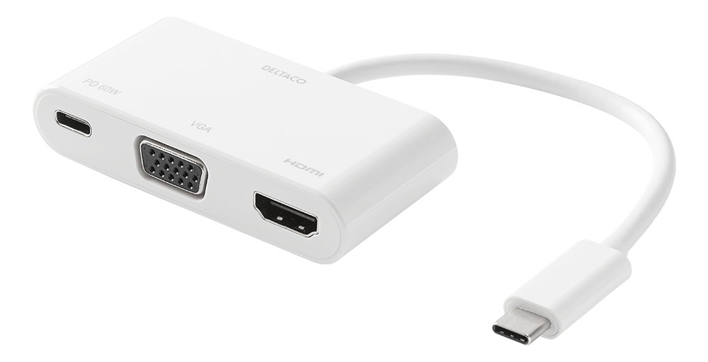 Adapteris DELTACO USB-C į HDMI / VGA / USB-C, energijos perdavimas 2.0, 3840x2160 30 Hz, balta