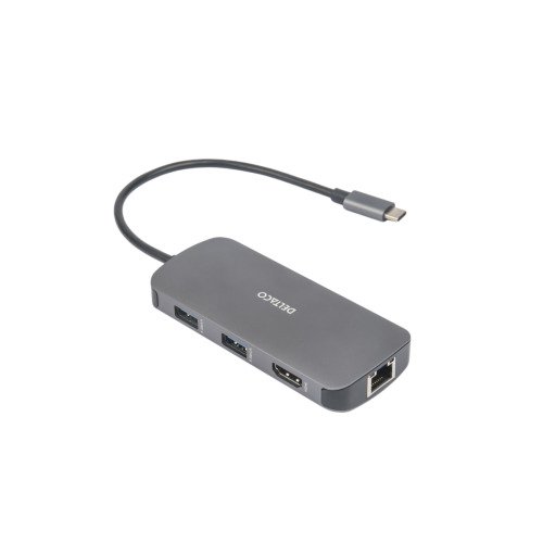 Adapteris DELTACO USB-C docking station, 3x USB-A, SD/microSD, RJ45, HDMI, sidabrinis /  USBC-HDMI26