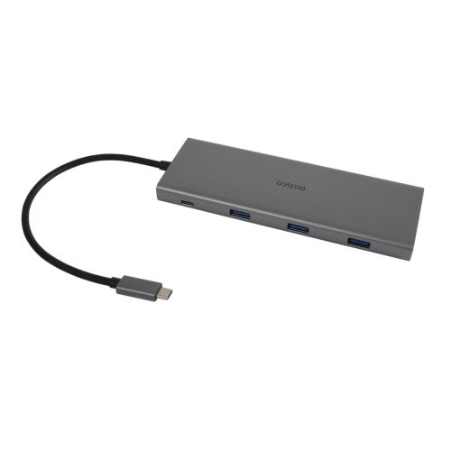 Adapteris DELTACO 12-in-1 USB-C, Triple display, 4K UHD 60 Hz, PD 85 W, sidabrinis /  USBC-HDMI27