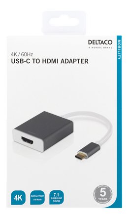 DELTACO USB-C - HDMI adapteris, 0,2 m, 4096x2160, 60 Hz, HDMI 2.0, HDCP 2.2, erdvinis pilkasUSB-C