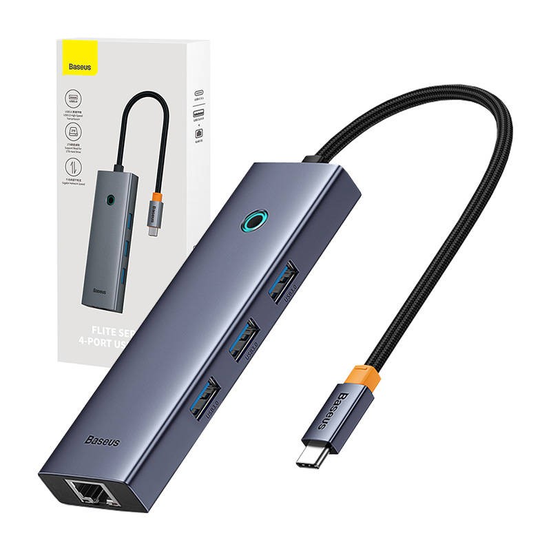 4v1 šakotuvas "Baseus UltraJoy" USB-C do 3x USB 3.0 + RJ45 (kosminės pilkos spalvos)