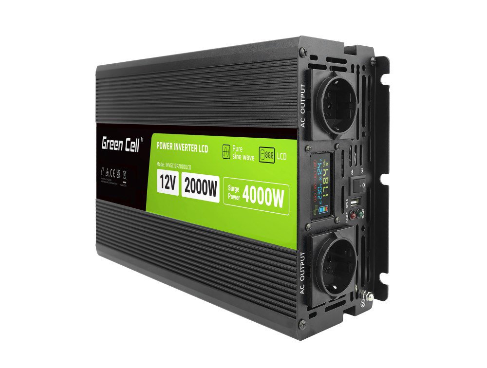 Adapteris Green Cell PowerInverter LCD 12V 2000W/40000W car inverter with display - pure sine wave