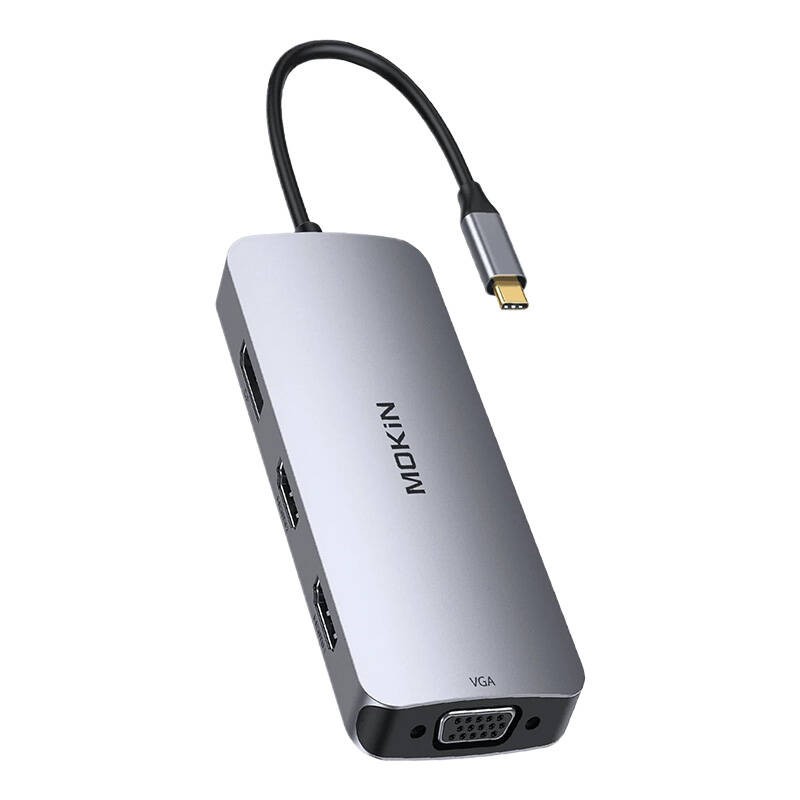 HUB'as 8in1 MOKiN USB-C VGA+2xHDMI (sidabrinis)