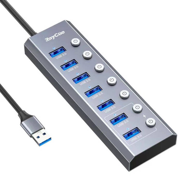 Koncentratorius "7in1 RayCue" USB-C ir 3x USB-A 3.0 5Gb/s + SD/TF 3.0 + USB-C+ HDMI 4K30Hz (pilka)