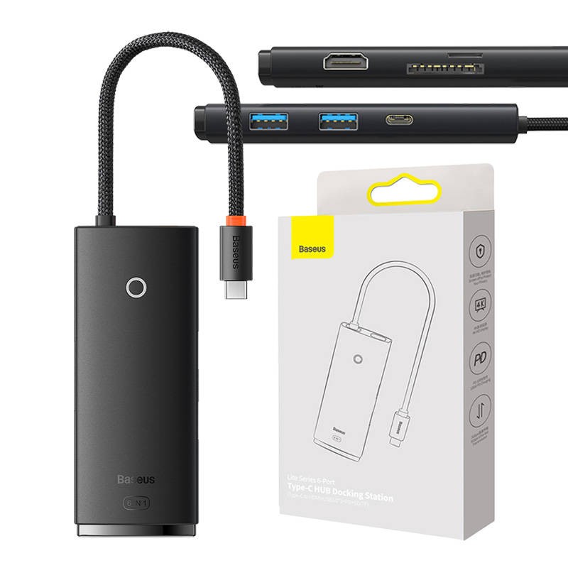 Koncentratorius "Baseus OS Lite" 6 prievadų (C tipo HDMI+USB3.0*2+PD+SD/TF) (juodas)