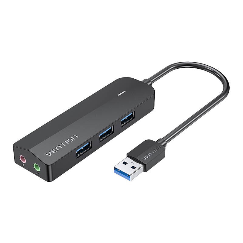 USB 3.0 3 prievadų šakotuvas su garso plokšte ir maitinimo adapteriu "Vention CHIBB" 0,15 m juodas