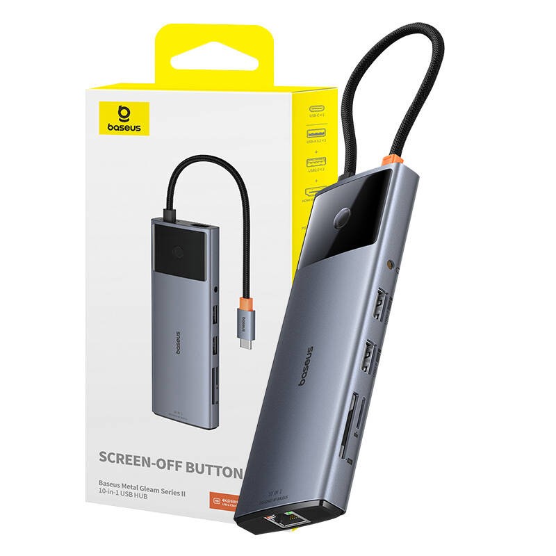 Koncentratorius 10in1 Baseus Metal Gleam II serijos, USB-C ir 1xHDMI, USB-A (10Gbps), USC-C, 2xUSB-A, Ethernet RJ45, SD/TF korte