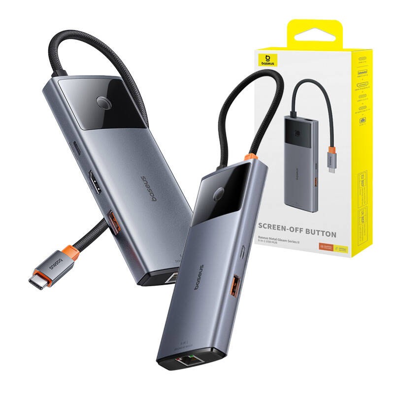 Centratorius 6in1 Baseus Metal Gleam 2 serijos, USB-C į 2xUSB 3.0 +USB-C + HDMI + USB-C PD + Ethernet RJ45