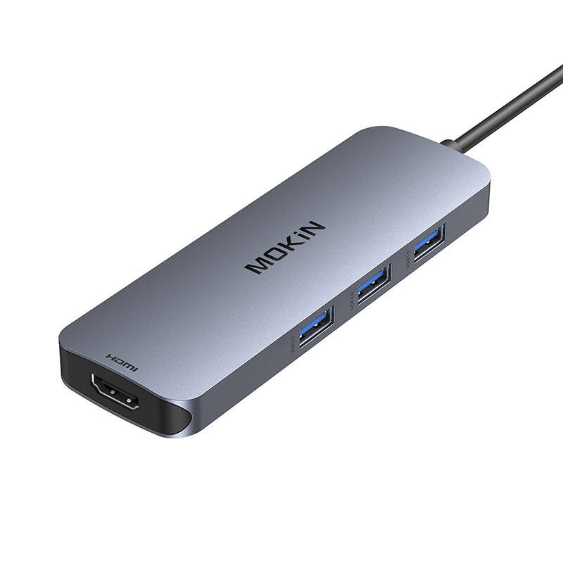 "MOKiN" adapterio koncentratorius "8in1" USB-C į 2x 4K 60Hz HDMI + USB-C + USB 3.0 + SD + "Micro SD" (sidabrinis)