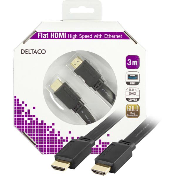 Kabelis DELTACO HDMI-HDMI plokščias, 3.0m, juodas / HDMI-1030F-K