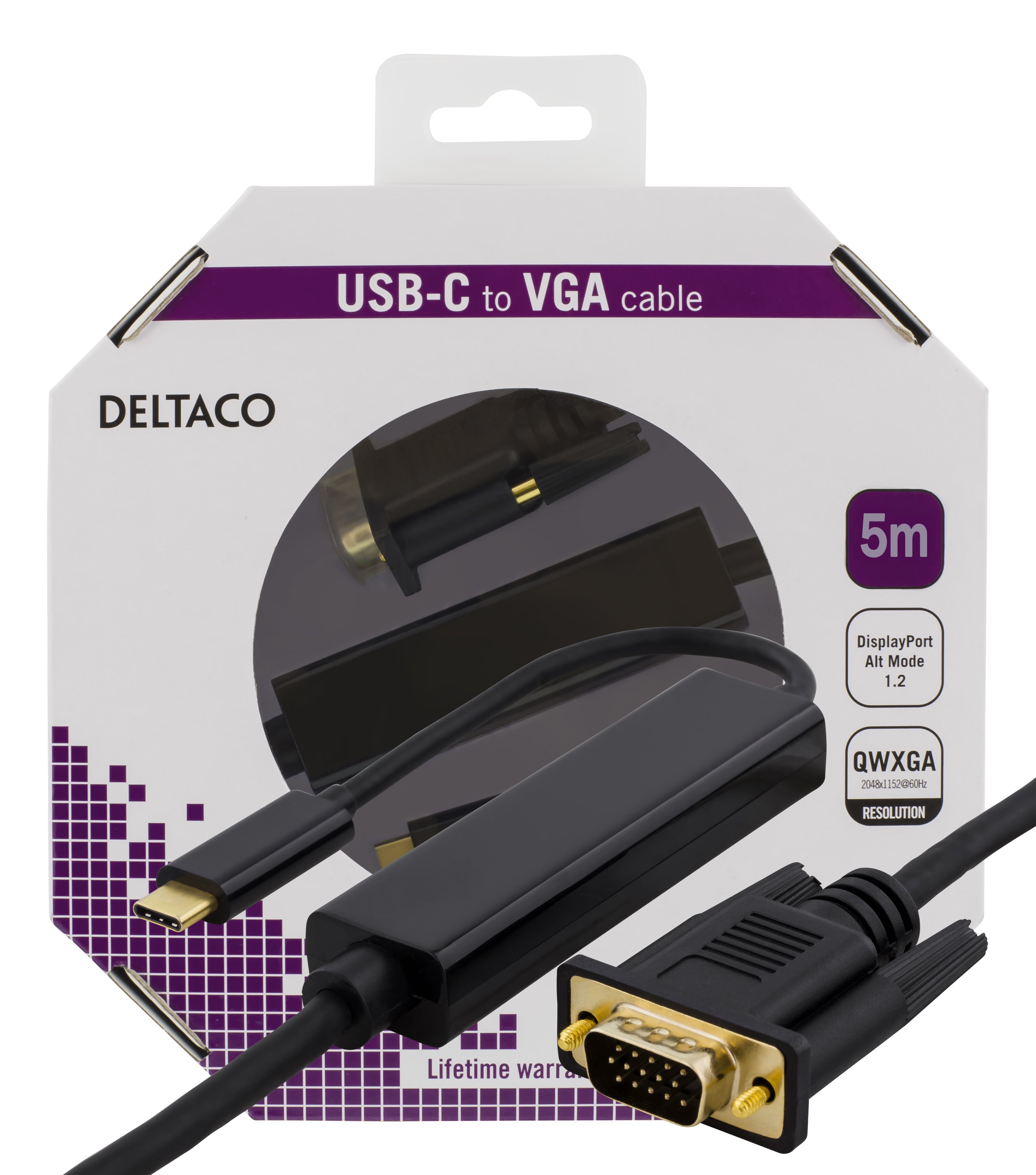 DELTACO USB-C - VGA kabelis, 5 m, USB-C, VGA, QWXGA 2048x1152 60Hz dažniu, NXP PTN3355BS lustų rinki