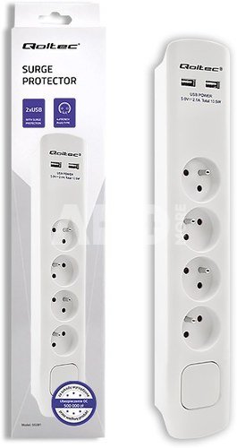 Qoltec Surge protector 4 sockets, 2xUSB, 1.8m